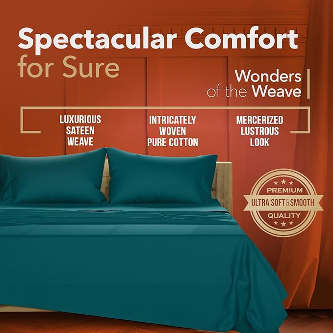 TEXAS LINEN CO. Luxury Egyptian Cotton Queen Size Sheet Set - Texan Talkin' Collection 600 Series 4 PC Deep Pocket Fitted and Flat Sheets, Cooling Extra Long Staple Sateen Hotel Bedding - Teal