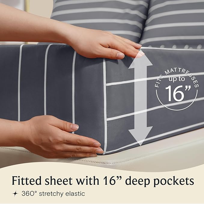 LuxClub 4 PC Queen Size Sheet Set, Breathable Luxury Bed Sheets, Deep Pockets 18" Wrinkle Free Cooling Machine Washable Hotel Bedding (Striped Light Grey)