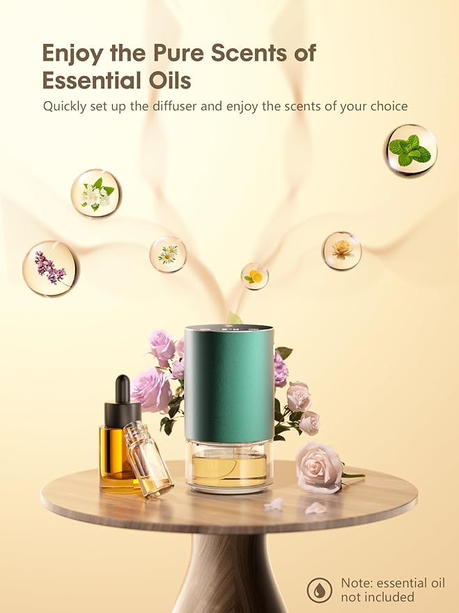 Waterless Essential Oil Diffuser - Rechargeable Scent Diffuser for Home and Car Diffuser, Portable Waterless Diffuser with Home/Car Mode 4 Mist Time Level and Timer Setting, Pure Scent