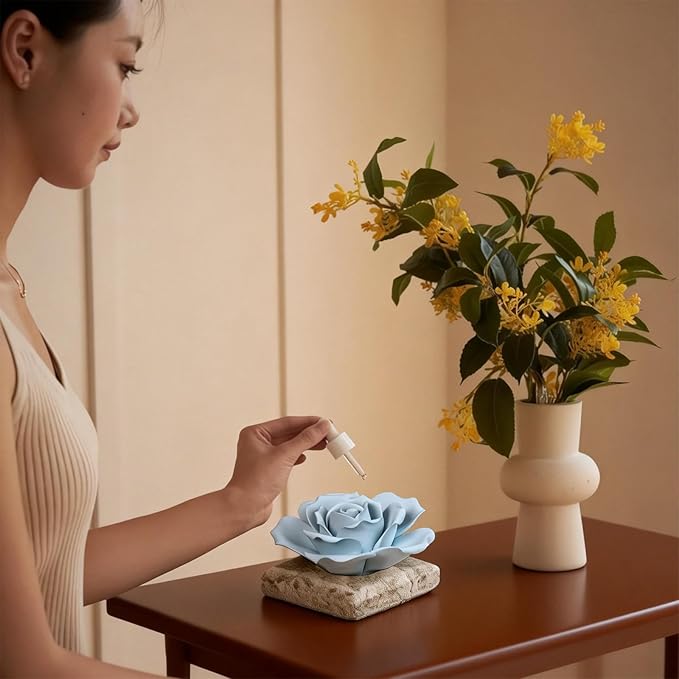Ceramic Passive Essential Oil Diffuser, Aesthetic Desktop Handmade Flower & Concrete Base, Porcelain Aromatherapy Oils Diffuser for Home, Office, Yoga, Spa Room (Blue Rose)