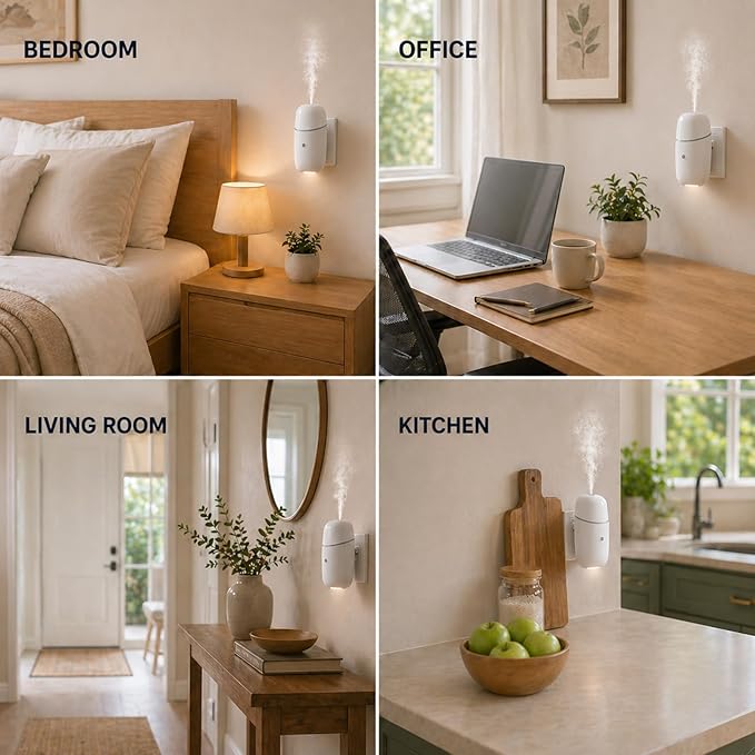 Waterless Essential Oil Diffuser, Cold Waterless Diffuser with Low/High Switch, Plug in Diffuser with Night Light, Quiet Wall Aromatherapy Diffuser for Home Living Room Bedroom Bathroom White