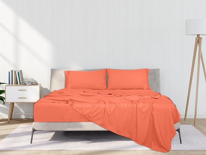 ROYALE LINENS 4 Piece King Sheets Set - Soft Brushed 1800 Microfiber Bedding - 1 Fitted and 1 Flat Sheet, 2 Pillow Cases - Wrinkle Free & Fade Resistant - Hotel Luxury Bed Sheets Set (Coral, King)