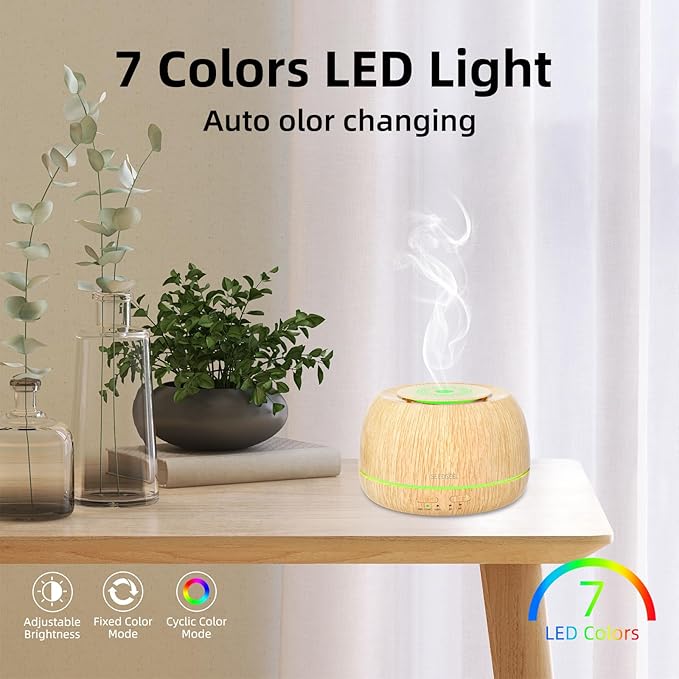 SEEDSEEL 300ML Essential Oil Diffuser 8 Hours Run Time, Aromatherapy Diffuser with Remote Control,7-Color LED for Home