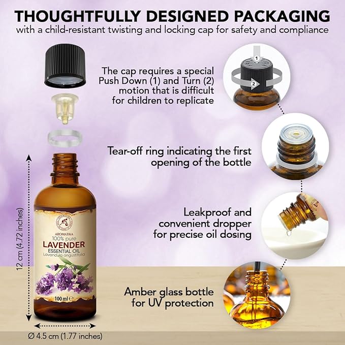 Lavender Essential Oil 3.4 Fl Oz - Lavandula Angustifolia - 100% Pure & Natural use for Tension Relief - Good Mood - Freshen Rooms - for Bath - Sauna - Scented Oils