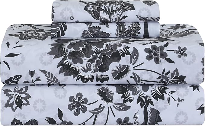 Feather & Stitch Softest 100% Cotton Sheets, 300 Thread Count Percale Weave Bedding, 16" Deep Pocket, Cooling Sheets, Breathable Bed Set, Hotel Premium Quality (King, Grey Floral Paisley)