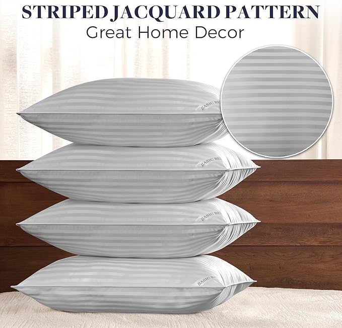 Basic Beyond Bed Pillows Queen Size Set of 4 - Down Alternative Pillows for Sleeping, Soft 20 x 28 Inches 4 Pack Queen Pillows for Back, Stomach or Side Sleepers, Silver