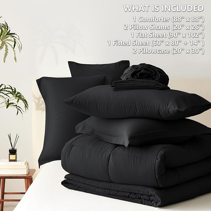 CozyLux Queen Comforter Set Black - 7 Pieces Bed in a Bag Queen, All Season Soft Bedding Set, Oeko-Tex Certified Bed Set with Down Alternative Comforter, Sheets, Pillowcases & Pillow Shams