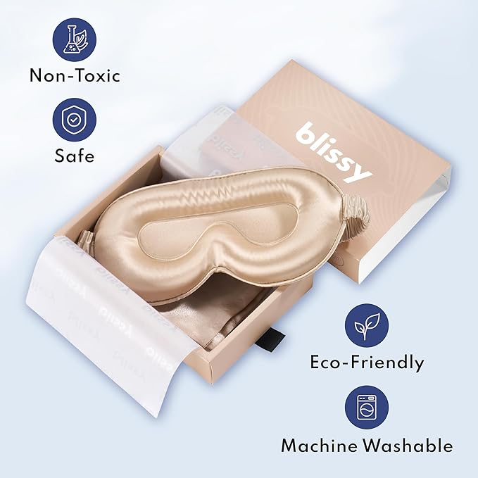 Blissy Silk Sleep Mask Profile - 100% Pure Mulberry Silk 22 Momme 6A Fibers Silk Eye Sleeping Mask for Women & Men for Total Blackout - Blindfold Silk Sleep Mask Side Sleeper Eye Cover (Champagne)