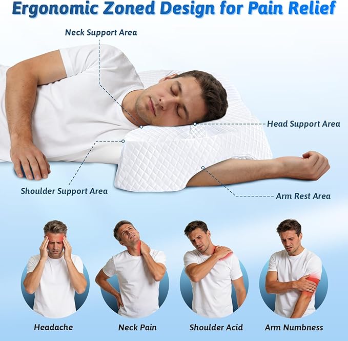 Side Sleeper Pillow with Arm Hole, Shoulder Relief System, Arm Pillow for Neck and Shoulder Pain, Premium Memory Foam, Suitable for Side, Back and Stomach Sleepers - White, 7.1in Height