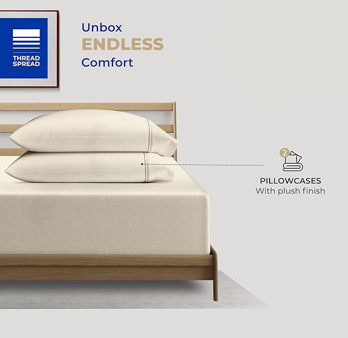 Thread Spread 100% Cotton King Size Pillow Cases Set of 4 - Luxury 400 Series Glee Collection Pillow Cases King Size (Pack of 2, Ivory), Soft Cooling & Durable Sateen Hotel Cotton Pillowcases