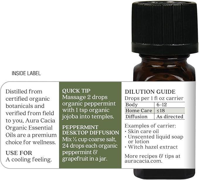 Aura Cacia Organic Peppermint Essential Oil, Mentha Piperita Oil, Cooling Aromatherapy for Diffusers, Skincare, Massage, Custom Blends | 0.25 Fl Oz (Pack of 1)