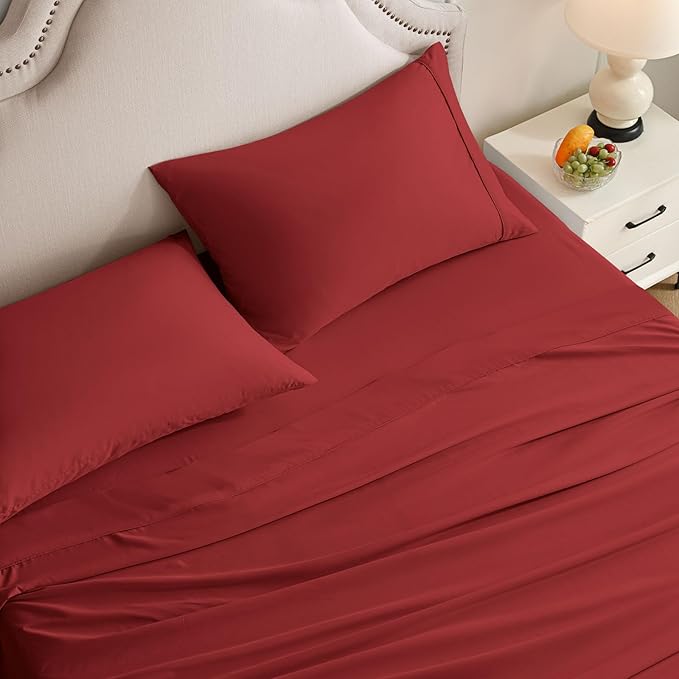 Full Size Bed Sheets Set, 4 Pieces Hotel Luxury Soft Microfiber Bed Sheets Set, Up to 16" Deep Pockets, Oeko-Tex Sheets with Elastic, Breathable, Wrinkle Free (Wine Red, Full)