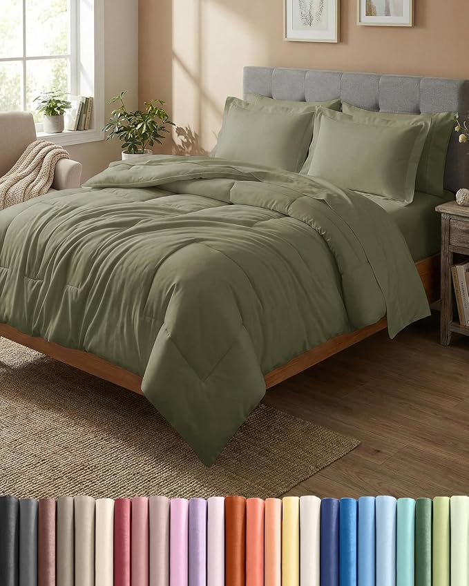 Full Comforter Set - 7 Piece Bed in a Bag Full Size Bed Set - Down Alternative Comforter, Flat Sheet, Fitted Sheet, Pillowcase & Shams for All Seasons - Ultra Soft, Comfy and Breathable - Sage Green