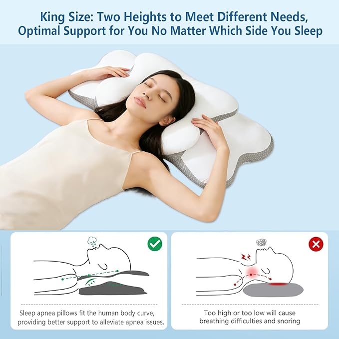 Cervical Neck Pillow for Sider Sleeper | Ergo Pillow for Sleep Apnea, Neck Pain, and Snoring Relief | Contour Memory Foam with Ergonomic Support, White, Large