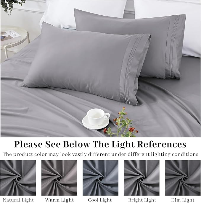 YIYEA Pillow Cases Queen Size Set of 4, Ultra Soft 1800TC Hotel Quality Double Brushed Microfiber Embroidered Pillowcases, Envelope Closure, Fade Resistant (20"x30", Medium Grey)