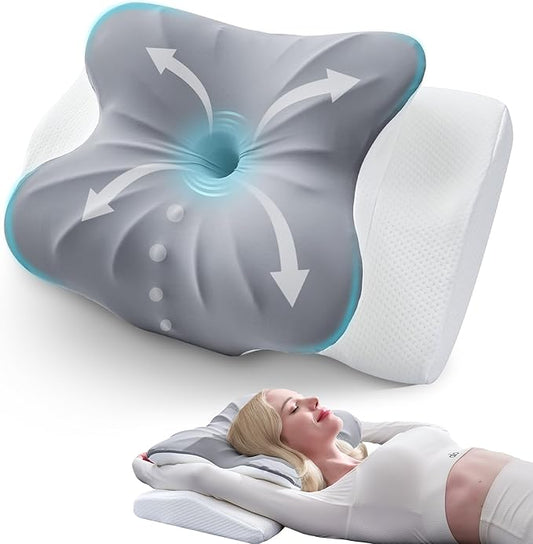 BDEUS Cervical Pillow for Side Sleepers, Neck Pillow for Sleeping, Memory Foam Ergonomic Pillow for Neck Pain Relief, Butterfly Contour with Arm Grooves, Dual Height Cooling Washable Cover, Grey