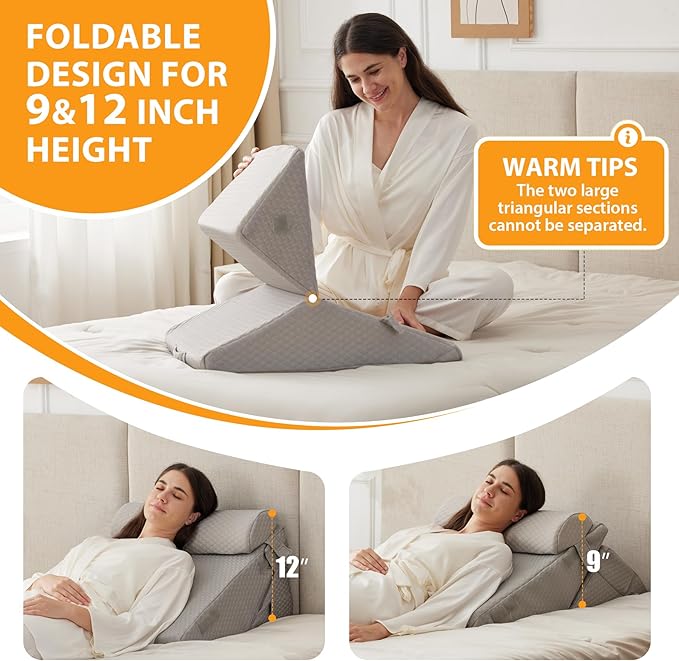 Ruqmuis 3PCS Wedge Pillow Set for After Surgery, Adjustable 9&12 Inch Bed Wedge Pillow for Sleeping, Incline Pillow Wedge for Headboard, Post Surgery, Acid Reflux, Neck&Back Support, Grey
