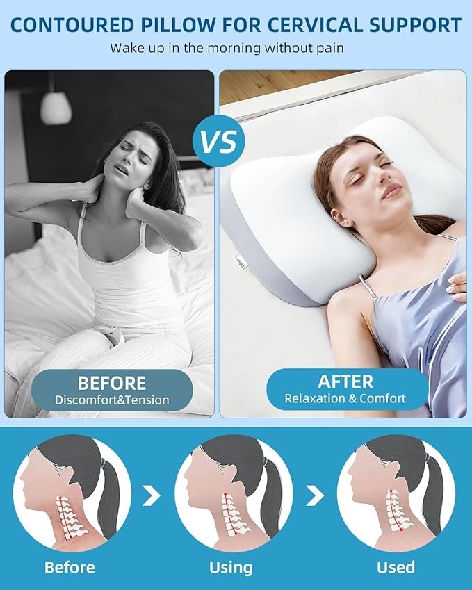 VADSBO Sleep Pillow Ergonomic Contour Design Cooling Memory Foam Pillows for Neck Support, Side & Back Sleepers White