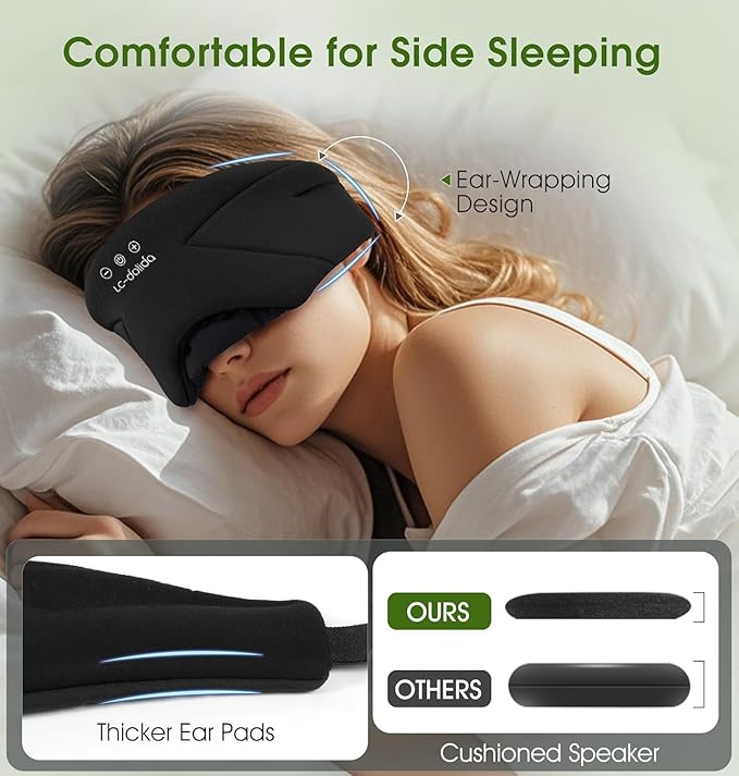 Sleep Mask with Headphones Bluetooth 5.4, LC-dolida Wireless Music Eye Mask for Sleeping Headphones with Soft Bamboo Cotton Cooling Breathable,Ultra-Thin Stereo Speaker for Side Sleepers-Ink
