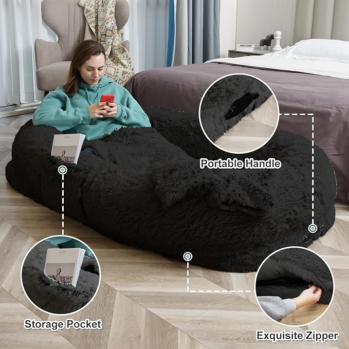 YAEM Black Human Dog Bed for Adult and Pets - 71"x45"x12" Dogs Beds for Humans with Washable Faux Fur Cover, Plump Pillow, Blanket, Orthopedic Design & Strap