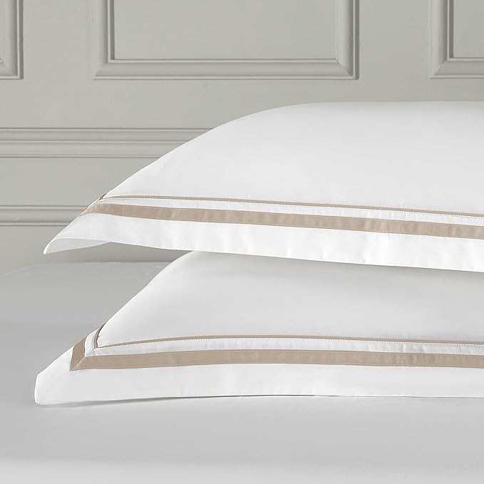 White Pillow Shams Standard Size Set of 2, 100% Cotton 400TC Sateen Luxury Hotel Pillow Cases, Pipping Oxford Pillowcases with Envelope Closure for Bedding Linen, 20x26 Inches (White with Khaki)