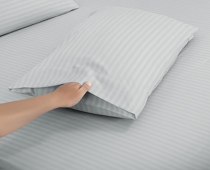 ROYALE LINENS 3 Piece Twin Sheets Set - Soft Brushed 1800 Microfiber Bedding - 1 Fitted, 1 Flat Sheet, 1 Pillow case - Wrinkle Free & Fade Resistant - Hotel Luxury Bed Sheets (Stripe Silver, Twin)
