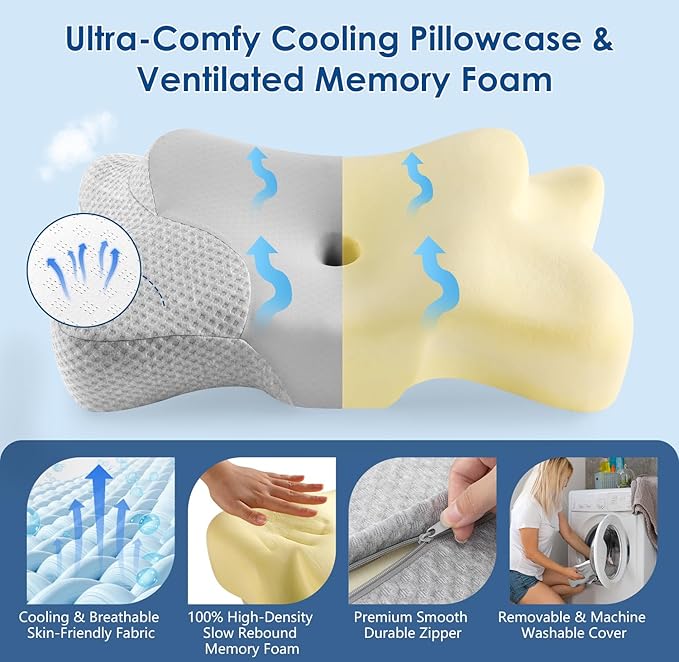 Cervical Pillow for Neck Pain Relief, Sleep Apnea Pillow, Cooling Memory Foam Pillow Ergonomic Orthopedic Contour for Side, Back and Stomach Sleepers, 2 in 1 Neck Shoulder Relief System Bed Pillow