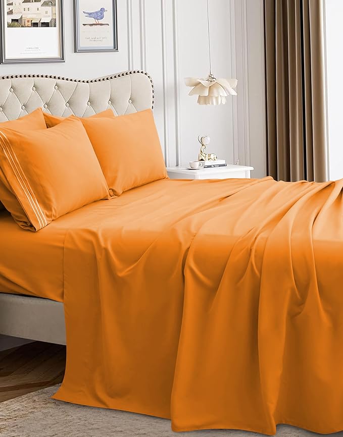 Mocassi Luxury Queen 4-Piece Sheet Set - 1800 Premium Hotel Quality - Easy-Fit, Wrinkle, Fade Resistant Bed Sheets and Pillowcases - All Around Elastic Fitted Sheet, Deep Pocket, Orange