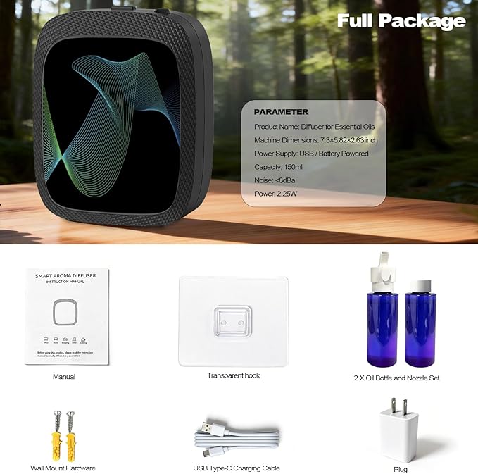 Waterless Essential Oil Diffuser Scent Air Machine for Home Large Room and Commercial Use, Up to 2000 sq ft, App & Panel Control, Dual Power Type-C/D Batteries (Black)