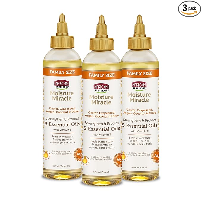 African Pride Moisture Miracle 5 Essential Hair Oils with Vitamin E (3 Pack) | Moisture, Shine, Protection, and Growth | Argan, Castor, Grapeseed, Coconut, and Olive Oil | 8 oz