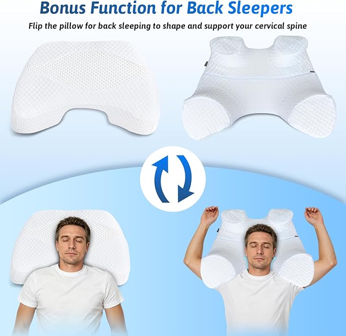 Side Sleeper Pillow with Arm Hole, Shoulder Relief System, Arm Pillow for Neck and Shoulder Pain, Premium Memory Foam, Suitable for Side, Back and Stomach Sleepers - White, 7.1in Height