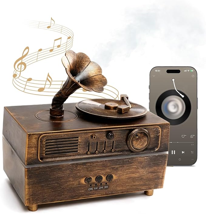 Daroma Essential Oil Diffuser, Retro Phonograph Design with Music Player, 7-Color LED Lights, Low-Noise Aromatherapy Humidifier for Home Office, Unique Gift Idea (Bronze)