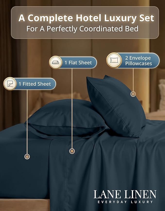 LANE LINEN 100% Cotton Sheets Queen Size – 600 Thread Count Naturally Cooling Queen Bed Set, Durable Bedding for Daily Use, Luxury Sateen Finish, Snug Fit 15" Deep Pocket Fitted Sheet – Estate Blue