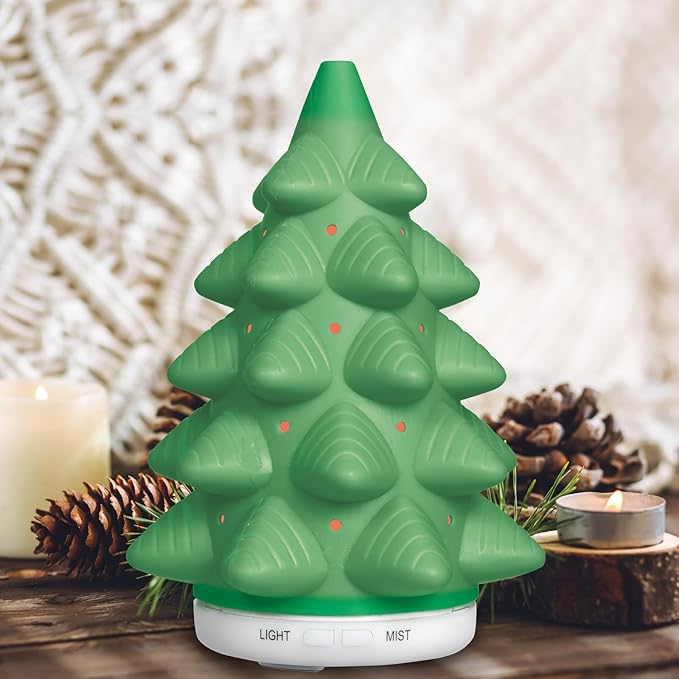 Pure Essential Oil Works LED Ultrasonic Christmas Tree Diffuser, Extra-Large 5.4 oz. Reservoir with Two Mist Options, Seven LED Light Colors, 6" Round x 9" H, Green