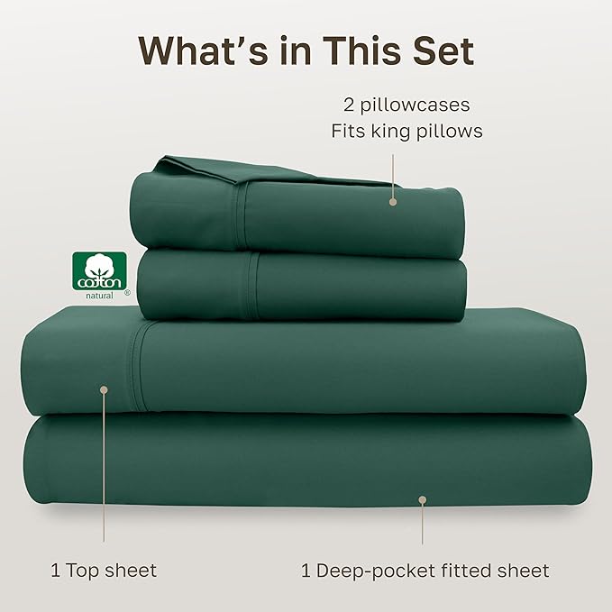California Design Den Soft 100% Cotton Sheets King Size Set, 400 Thread Count Good Housekeeping Award Winner, Silky Sateen Weave with Deep Pockets, Long Staple Cotton Bed Sheet Set - Hunter Green