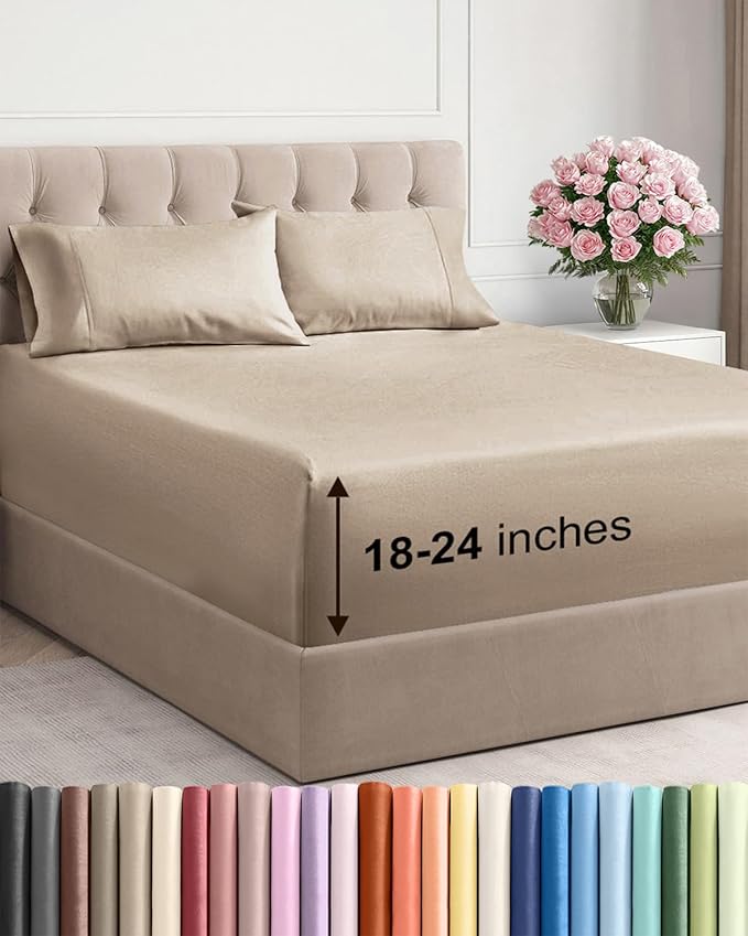 Extra Deep King Sheet Set - 4 Piece Breathable & Cooling Bed Sheets - Easily Fits 18 to 24 inch Mattress - Ultra Soft, Wrinkle & Fade Free w/ Extra Deep Pockets - Comfy Hotel Luxury Bedding - Cream