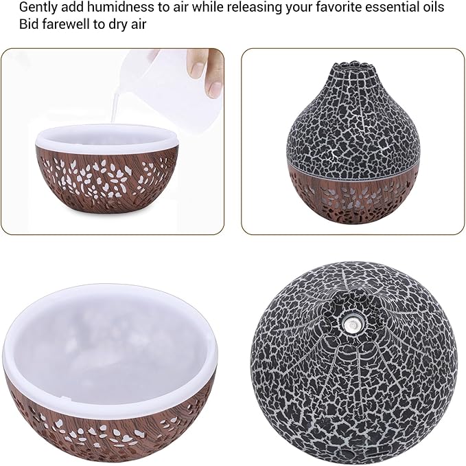 Air Diffuser Humidifier, Silent Ultrasonic Mini USB Humidifier, Aromatherapy Diffuser with Auto Shut Off Loop Lighting Wood Grain Design for Home Office Bedroom Spa (Dark Wood