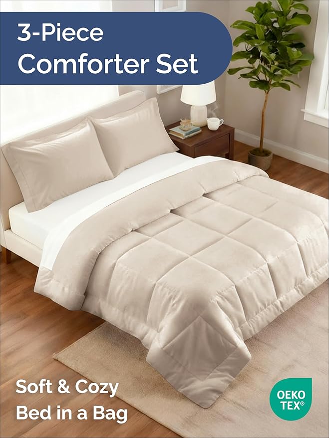 King Comforter Set - 3 Piece Bed Set for All Seasons - 1 Soft Quilted Comforter with Corner Tabs & 2 Pillow Shams - Comfy, Cozy & Breathable - Premium Down Duvet Insert - Oeko-TEX - King Size, Wheat