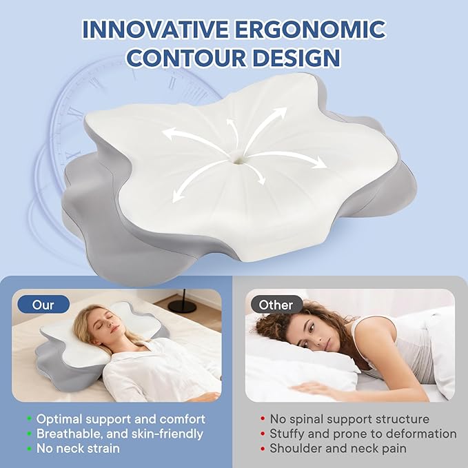 Cervical Pillow for Neck and Shoulder,Contour Memory Foam Pillow,Ergonomic Neck Support Pillow for Side Stomach Back Sleepers with Skin-Friendly Pillowcase (White)
