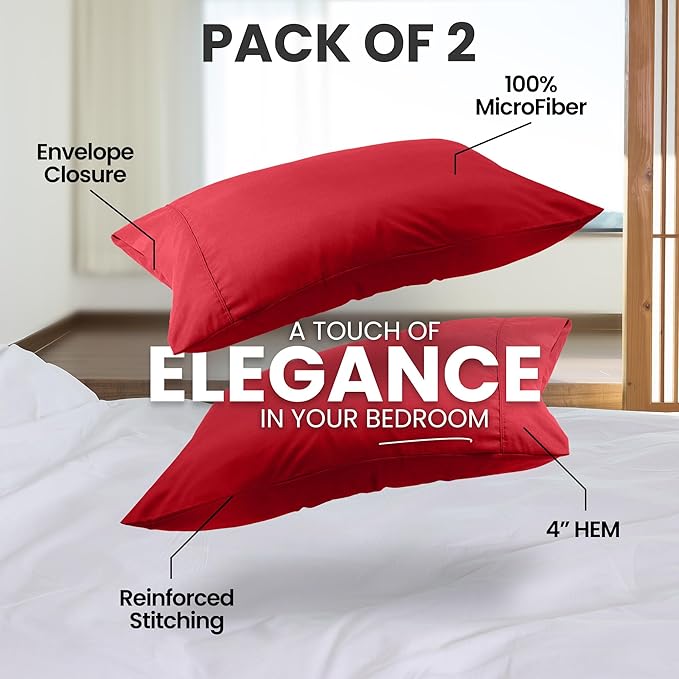 Utopia Bedding Standard Pillow Cases - 2 Pack - Envelope Closure - Soft Brushed Microfiber Fabric - Shrinkage and Fade Resistant Pillow Covers Standard Size 20 X 26 Inches (Standard, Red)