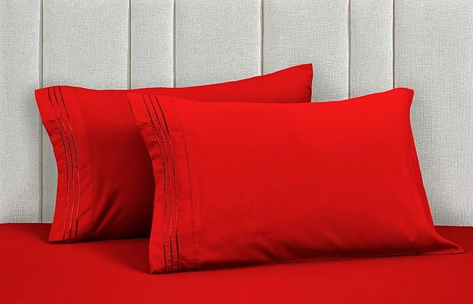 Mocassi Luxury Twin XL 4-Piece Sheet Set - 1800 Premium Hotel Quality - Easy-Fit, Wrinkle, Fade Resistant Bed Sheets and Pillowcases - All Around Elastic Fitted Sheet, Deep Pocket, Red