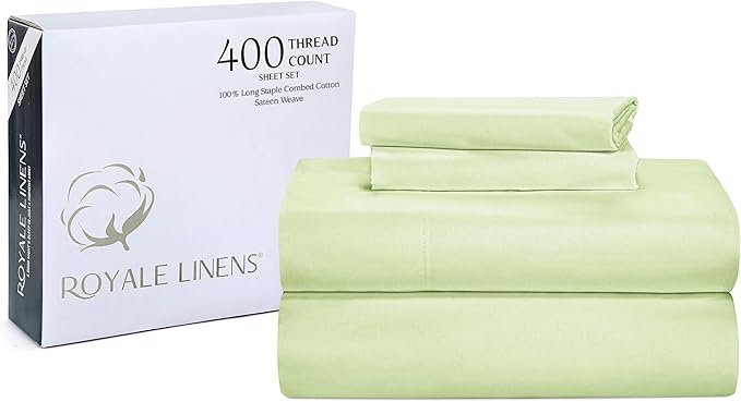 ROYALE LINENS 400 Thread Count 100% American Grown Cotton 4 Piece Sateen King Sheet Set - 1 Fitted Sheet, 1 Flat Sheet, 2 Pillow case - Green King Bedsheet - Cotton Sheets - (King, Florentine Sage)