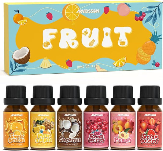 ARVIDSSON Fruits Essential Oils Set, Natural Fruity Fragrance Oil for Candle & Soap Making - Sweet Orange, Pineapple, Coconut, Cranberry, Peach, Strawberry, Aromatherapy Diffuser Oils Gift Set