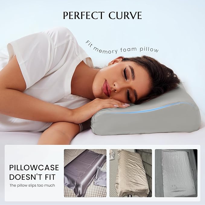 THXSILK 19 Momme 100% Mulberry Silk Pillowcase for Contour Memory Foam Pillow, Contour Pillow Case Cover, Cervical Pillow Case, Pack of 1(Grey, 24"x14"x4.7"/3.9")