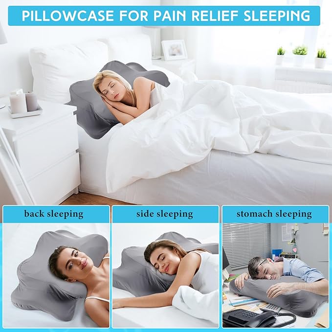 Hahafelt Cooling Cervical Neck Pillowcase Cover (Only Pillow Case) Ergonomic Pillowcase with Zipper Breathable Contour Pillow Cover for Side Back Stomach Sleepers(Dark Gray,Queen Size)