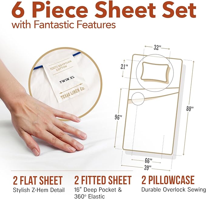 TEXAS LINEN CO. 100% Egyptian Cotton Twin Size Sheets Pack of 2 - Luxury Texan Talkin' Collection 600 Series Egyptian Cotton Sheets Twin Size (6 PC, White), 16" Deep Pocket College Dorm Bed Sheet Set
