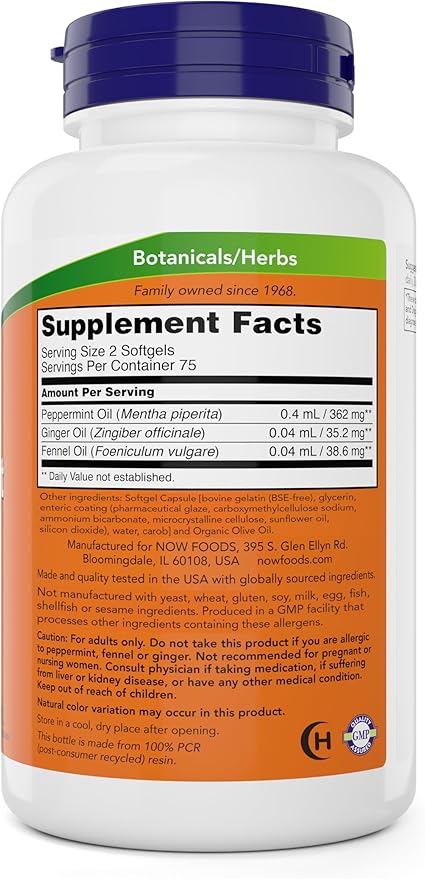 Now Peppermint Gels with Ginger Oil and Fennel Oil, 150 Softgels (Pack of 2), Enteric Coated