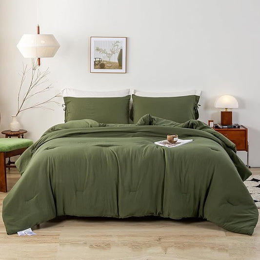 7 Pieces Solid Color Ultra-Soft Elegant Natural Full Size Bed Sheets and Comforter Set with Flat Sheet Fitted Sheet 2 Pillow Cases 2 PillowShams Lightweight All Season Use, Olive Green Full