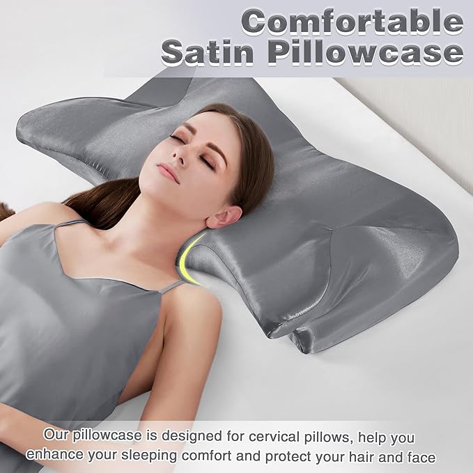 Satin Pillowcase for Cervical Pillow, Dark Grey Silky Cervical Pillow Case Contour Pillow Case Cover with Zipper, Smooth Ergonomic Pillowcase for Neck Pillow Cover
