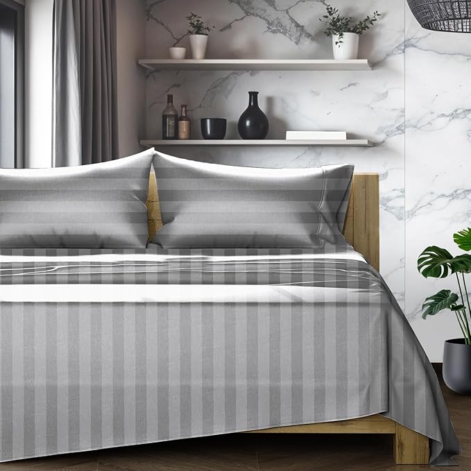TEXAS LINEN CO. 100% Egyptian Cotton Queen Sheets Set - Luxury 1200 Series Star Sleepin' Damask Egyptian Cotton Sheets Queen Size (4 PC, Dark Grey Stripe), 17" Deep Pocket, Cooling Hotel Bedding Set